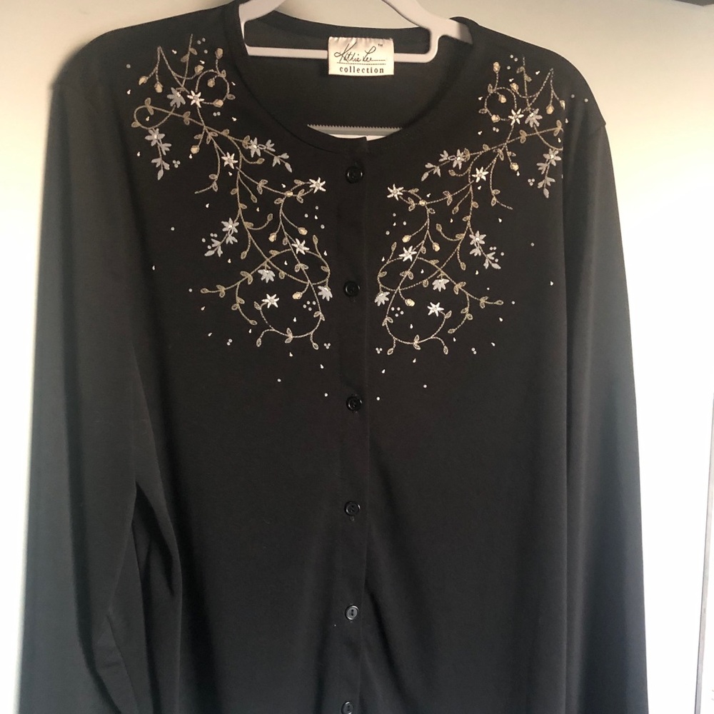 Kathie Lee Collection Black Button-Front Top with Metallic Floral Embroidery